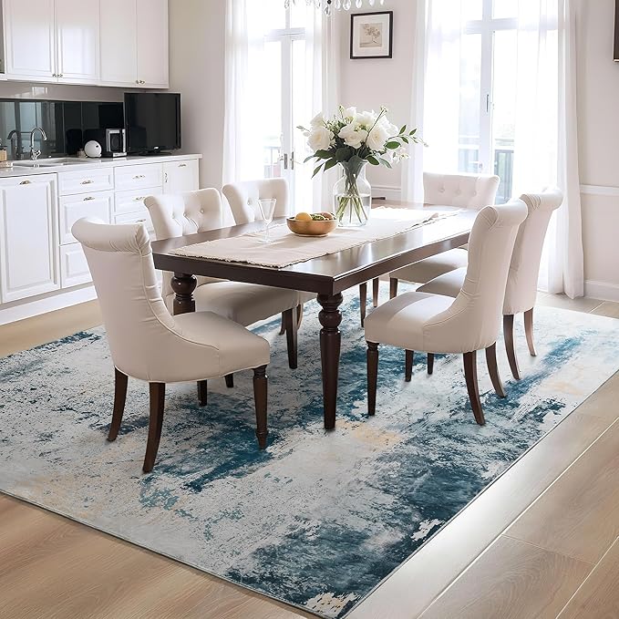Ompaa Living Room Rug 5x8 Aqua Blue Area Rug Machine Washable Boho Rug Non Slip - Image 4