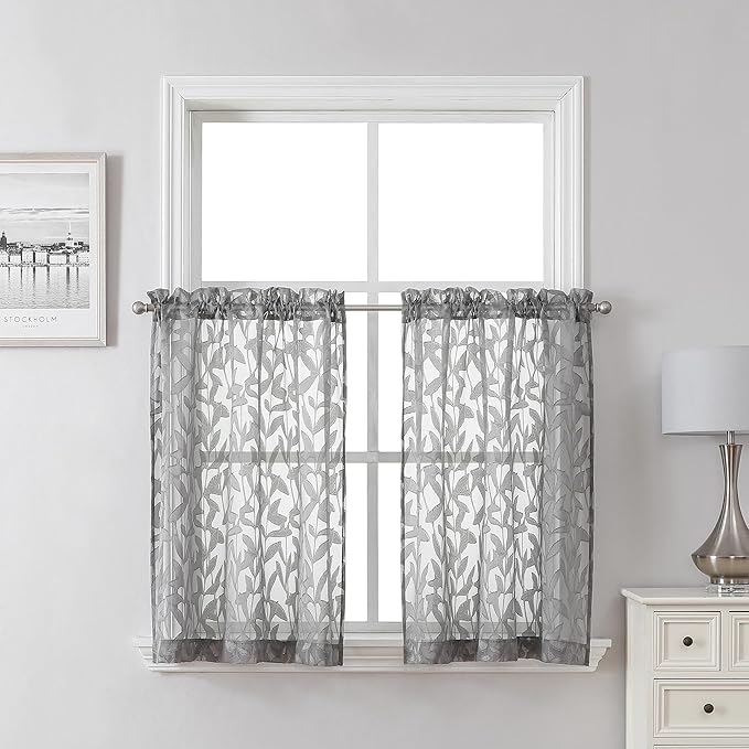 Lecloud Leia 36 Inch Charcoal Grey Sheer Curtains Tiers 2 Panels, Clip Textured by Lecloud