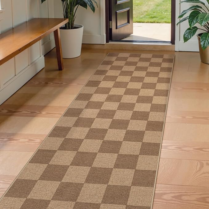 Lahome Colette Checkered Easy Jute Kitchen Runner, 2x8 Washable Indoor Outdoor by Lahome