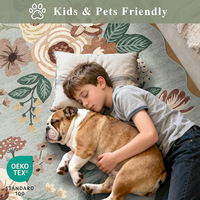 DUKINO 2.6x8 Runner Rug, Floral Washable Kitchens Rug Non Slip, Sage Green | - Image 4