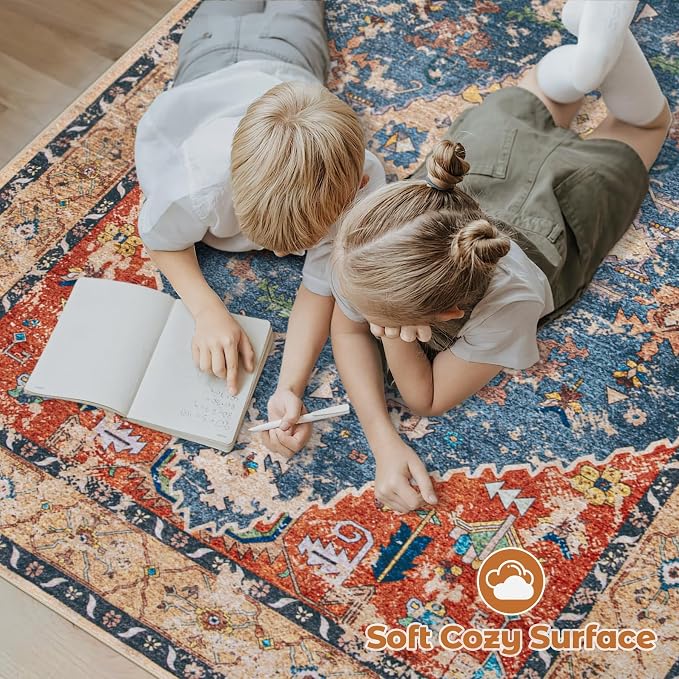 Area Rug 5x7 Washable Rug, Vintage Boho Medallion Rugs Non-Slip Soft Low Pile - Image 4