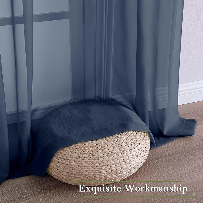 Lecloud Navy Blue Sheer Curtains 63 Inch Length 2 Panels, Rod Pockets Window - Image 9