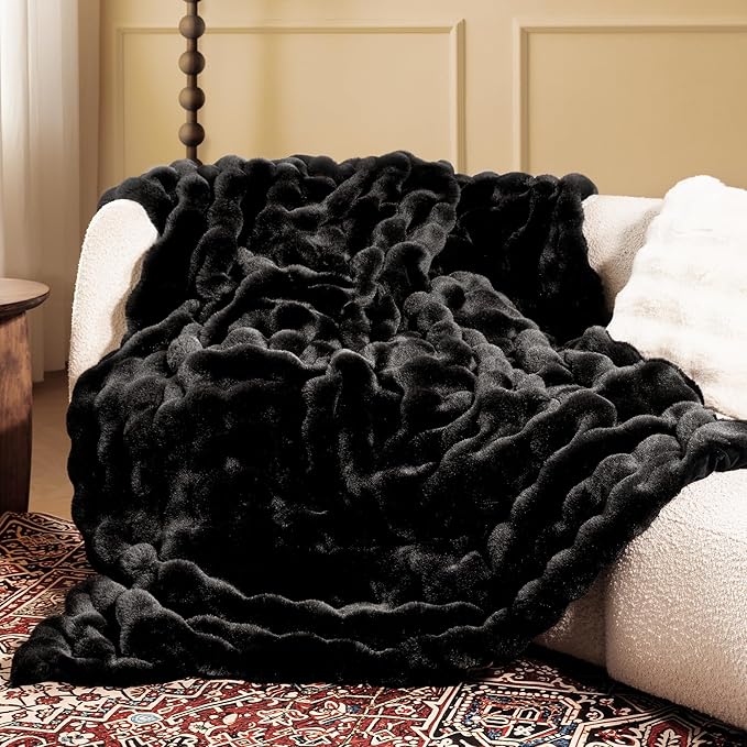 Ultra Soft Cozy Faux Fur Throw Blanket, Fuzzy Plush Thick Bubble Blanket by blunique