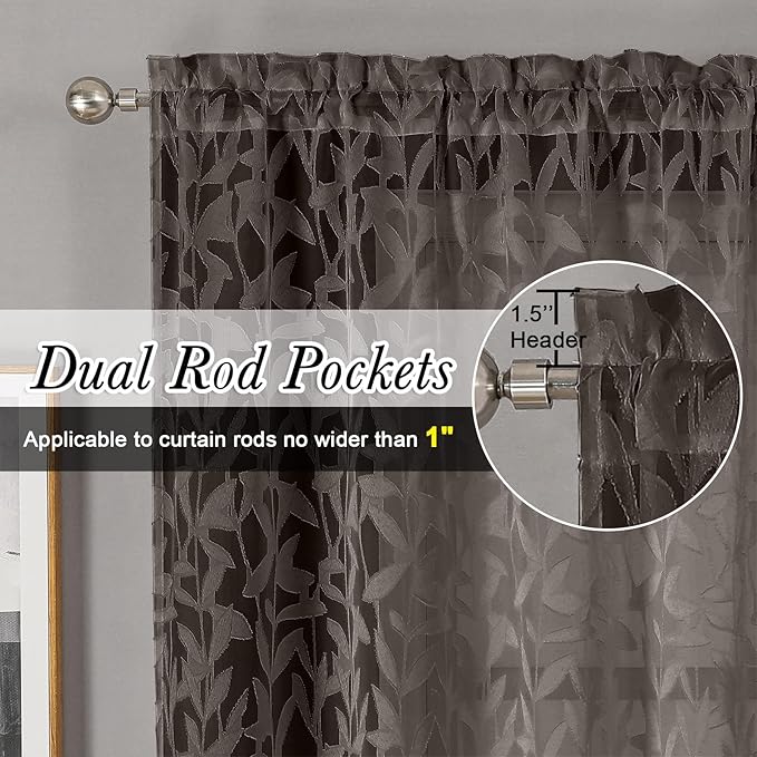 Lecloud Leia Living Room Chocolate Brown Sheer Curtains 72 Inch Length 2 Panels - Image 2
