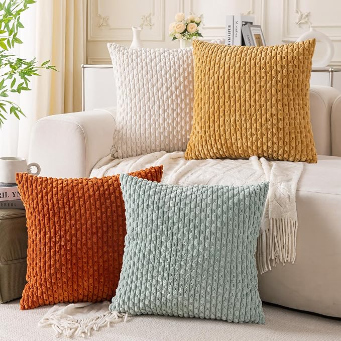 Set of 4 Yellow Rust Aqua Decorative Throw Pillow Covers 22x22 Inch Corduroy by Cozoomy