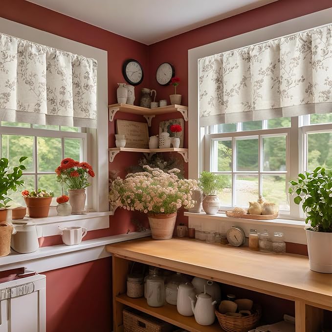 jinchan Linen Kitchen Valance for Windows 16 Inch Floral Double Layer Valance - Image 2