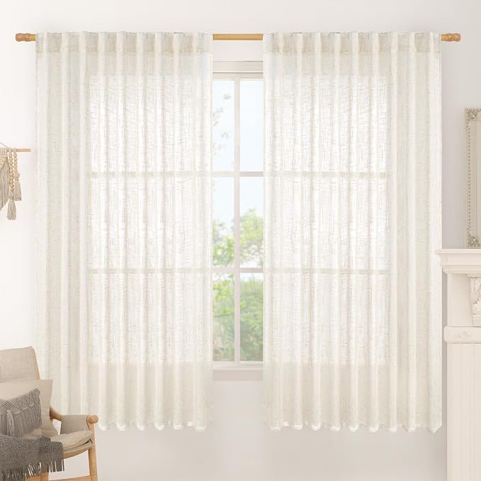 LAMIT Light Filtering Linen Curtains 63 inches Long, Cream Linen Textured Semi by LAMIT