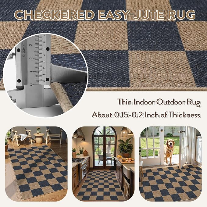 Lahome Colette Checkered Easy Jute Indoor Outdoor Carpet, 3x5 Washable Rugs - Image 3