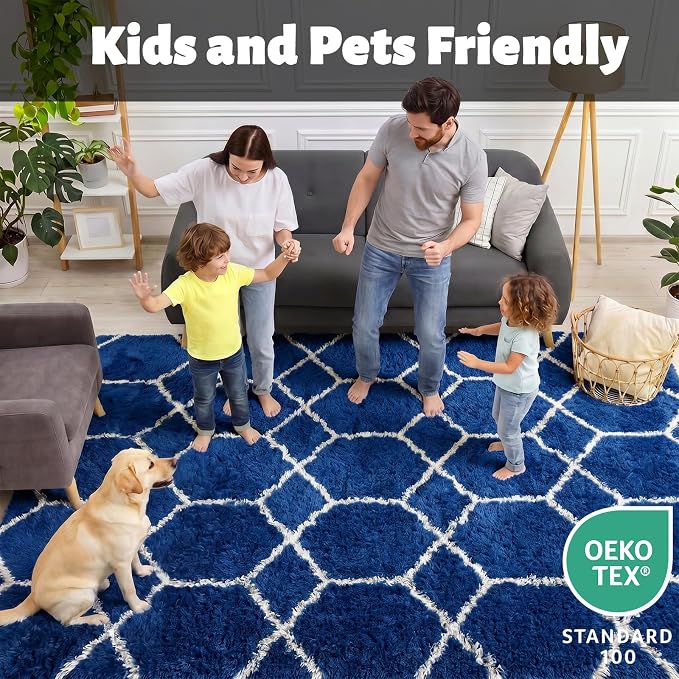 Area Rugs for Boys Bedroom Living Room, 4x6 Fluffy Navy Blue and White Rug | - Image 3