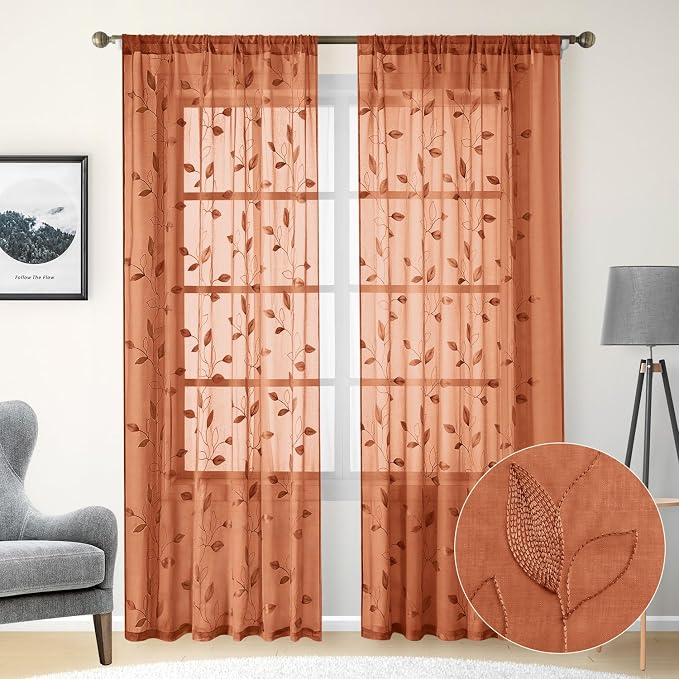 HOMEIDEAS Fall Burnt Orange Sheer Curtains 96 Inches Long 2 Panels Embroidered - Image 2