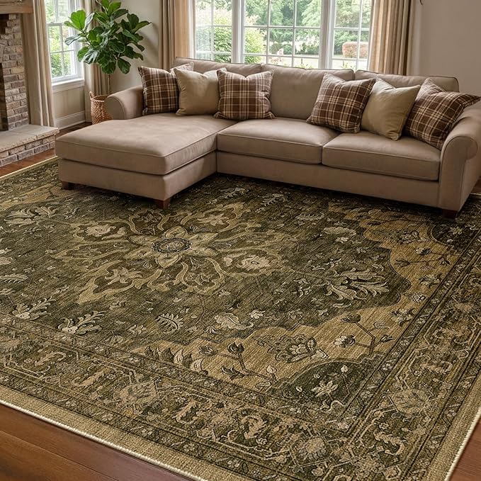 Area Rugs 8'x10' Washable Non-Slip, Floral Vintage Distress Print Pattern by RELEANY