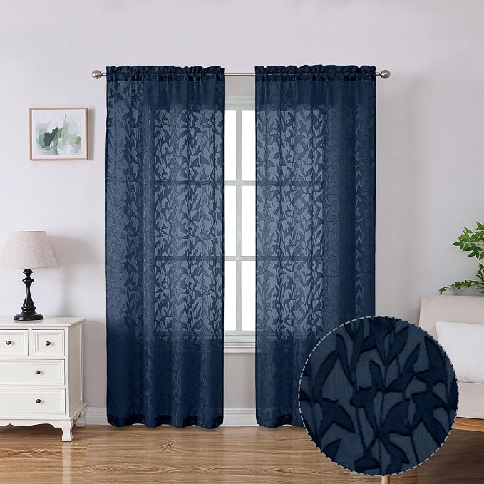 Lecloud Leia Jacquard Textured Sheer Navy Blue Curtains 72 Inches Long 2 Panels by Lecloud