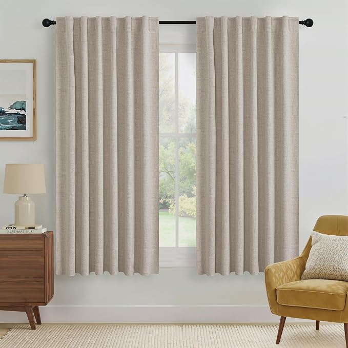 RYB HOME Natural Beige 100% Blackout Curtains 63 inch Long, Light Blacking & by RYBHOME