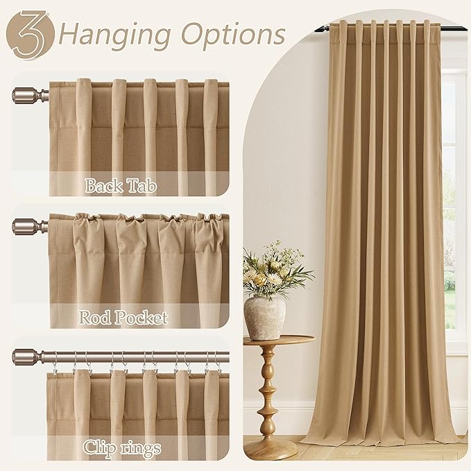 Guken Camel Brown 100% Blackout Linen Curtains 90 Inch Length 2 Panels Set - Image 6