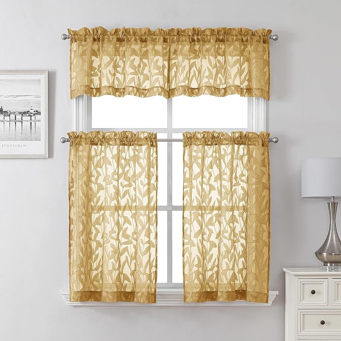 Lecloud Leia Dark Gold Sheer Kitchen Curtains 30 Inch Length 2 Panels, - Image 7