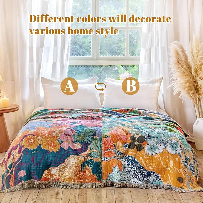 MSGKV Boho Throw Blanket for Couch 50"x60" Cotton Floral Blankets for Sofa - Image 3