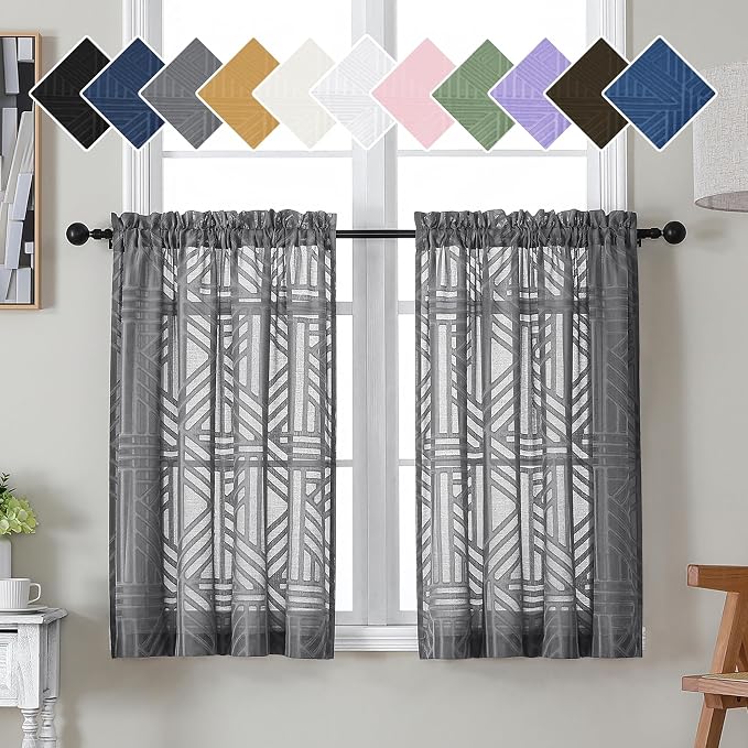 Simplebrand Grey Sheer Kitchen Curtains 36 Inch Length Tier Curtains 2 Panels by Simplebrand