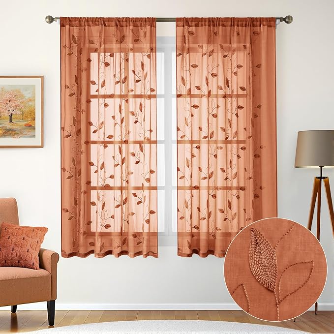 HOMEIDEAS Fall Burnt Orange Sheer Curtains 63 Inches Length 2 Panels - Image 2
