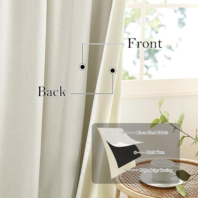 RYB HOME Cream White Linen Blackout Curtains, 100% Blackout Thermal Insulated - Image 3