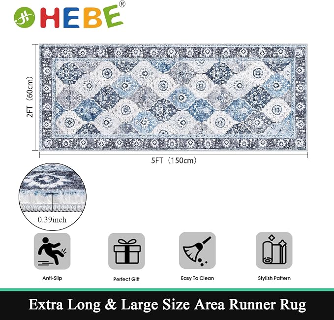 HEBE Hallway Runner Rug 2'x5' Washable Vintage Distressed Area Rugs Non Slip - Image 2