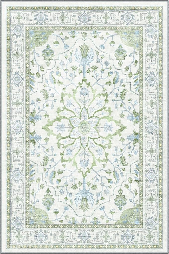 Area Rugs Round 8ft Washable Non-Slip, Floral Vintage Distress Print Pattern by RELEANY