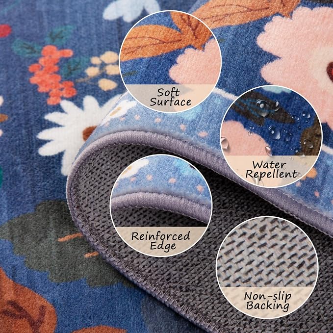 RELEANY Floral Washable Round 4ft Area Rug Blue/Grey | Flower Carpet Print Boho - Image 3