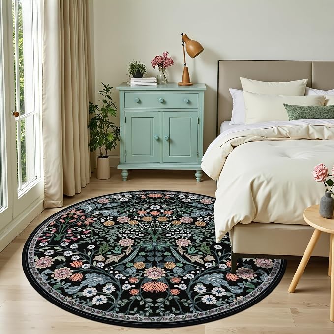 Round Area Rug for Living Room: 6 ft Floral Washable Circle Rug Soft Boho - Image 3