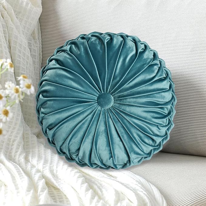 HIG Set of 2 Teal Ruched Velvet Round Throw Pillows – 14.5’’ Decorative Pillows - Image 2