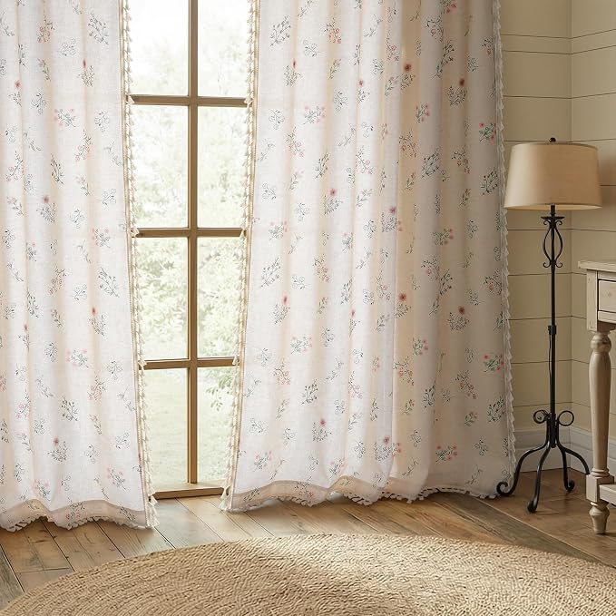 Boho Floral Spring Semi Sheer Curtains 84 Inch Length 2 Panels Set, Linen - Image 2