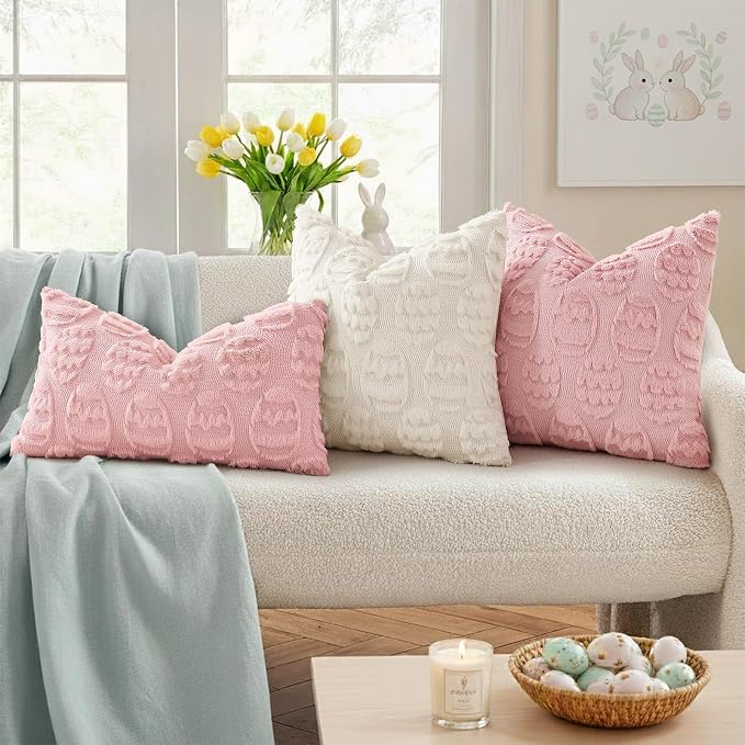 decorUhome Easter Pink Egg Pillow Covers 18x18 Inch Set of 2, Soft Plush Faux - Image 2
