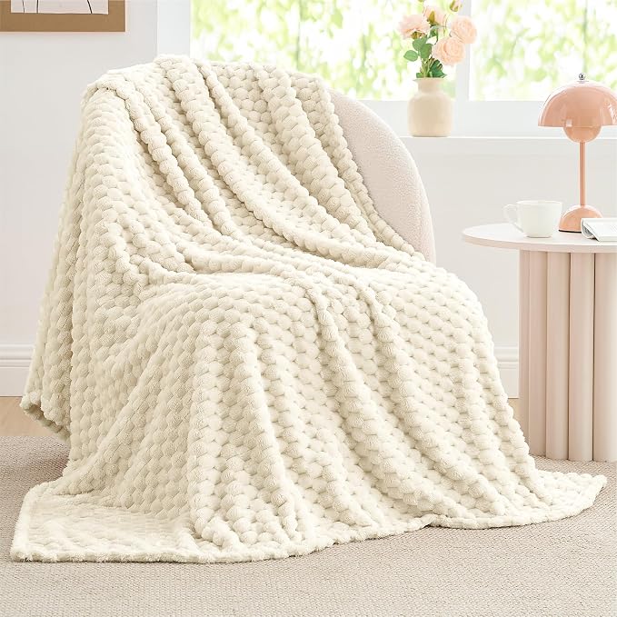 BEDELITE Fleece Blanket Twin for Bed Couch, 3D Jacquard Decorative Cream Throw - Image 7