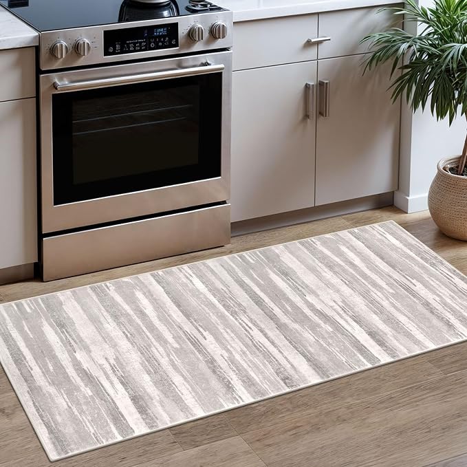 Lansny Modern Abstract Runner Rug 2x5, Neutral Light Beige and Grey Washable by lansny