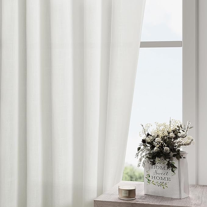 Off White Curtains 100 Inches Long 2 Panels Back Tab Sheer Linen Curtain Modern - Image 2