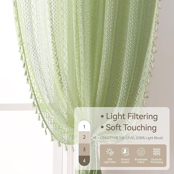 WAZZIO Boho Lace Curtains 63 Inches 2 Panel, Light Filtering Privacy Tassel & - Image 4