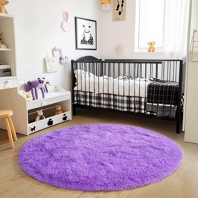 4'x4' Purple Round Rug for Bedroom, Ultra Soft Fluffy Circle Rug for Kids Girls - Image 3
