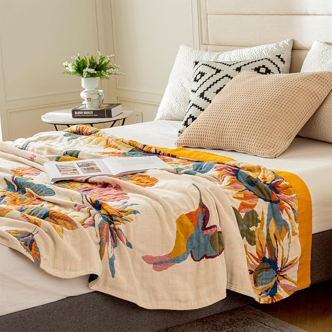 MSGKV Boho Throw Blanket for Bed 100% Cotton Throw Floral Couch Blanket - Image 8