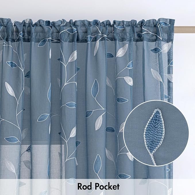 MIULEE Stone Blue Sheer Curtains 2 Panels Embroidered Leaf Patterned Rod Pocket - Image 6
