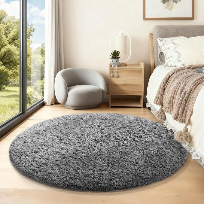 Ophanie Round Rug 5Ft Grey Circle Area Rugs, Fluffy Fuzzy Bedroom Carpet 5 Foot - Image 5