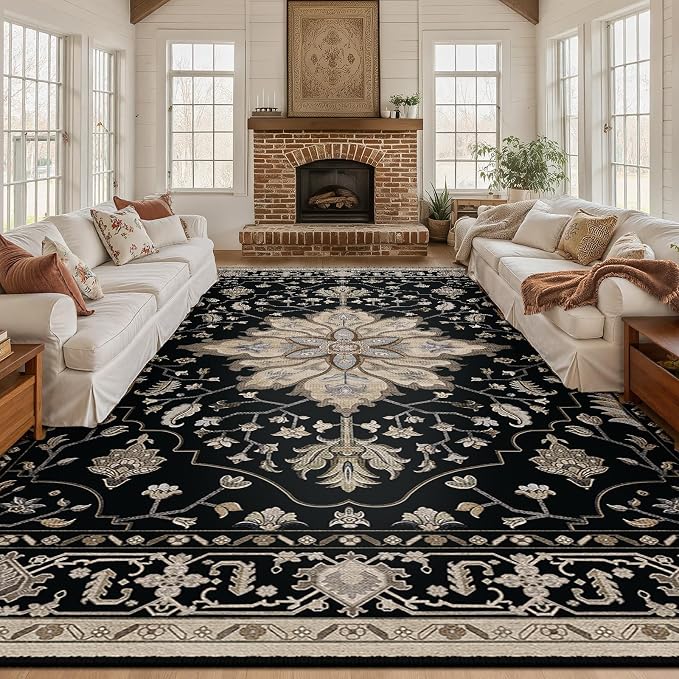Area Rugs 10'x12' Washable Non-Slip, Floral Vintage Distress Print Pattern by RELEANY