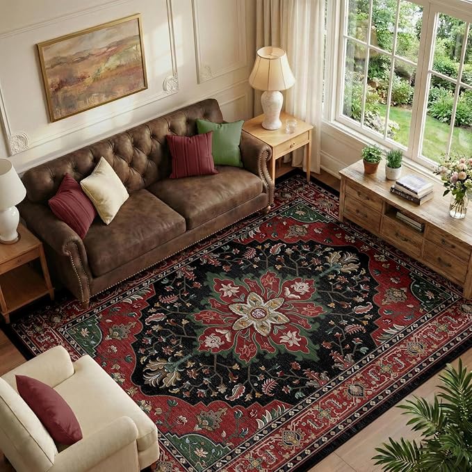 Area Rugs 6'x9' Washable Non-Slip, Floral Vintage Distress Print Pattern by RELEANY