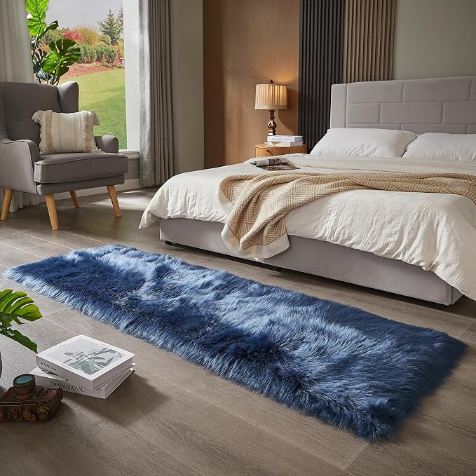 AMTOVO Faux Fur Rug, Dark Blue Ultra Soft Fluffy Shag Sheepskin Rug, 2 x 6 ft - Image 4