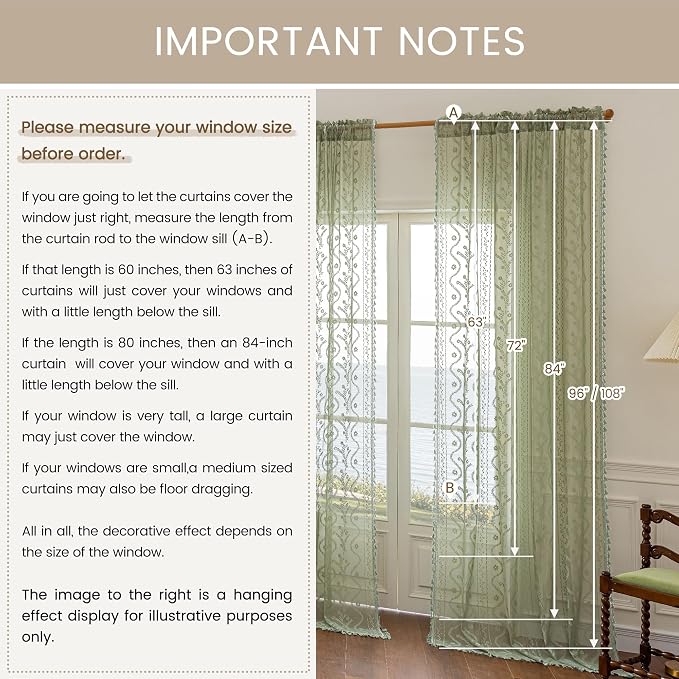 WAZZIO Boho Lace Curtains 2 Panels 84 Inch -Vintage Victorian Sheer Panel Drape - Image 9
