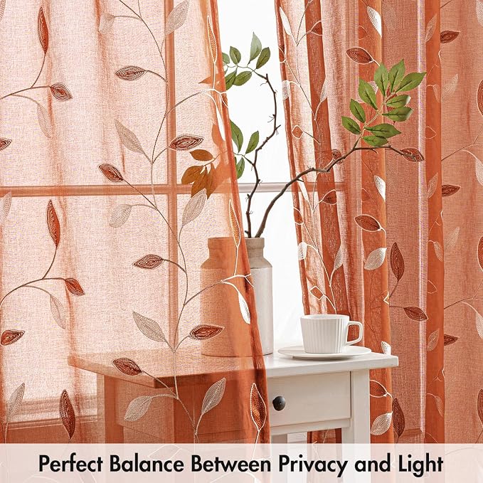 MIULEE Burnt Orange Sheer Curtains 2 Panels Embroidered Leaf Patterned Rod - Image 5