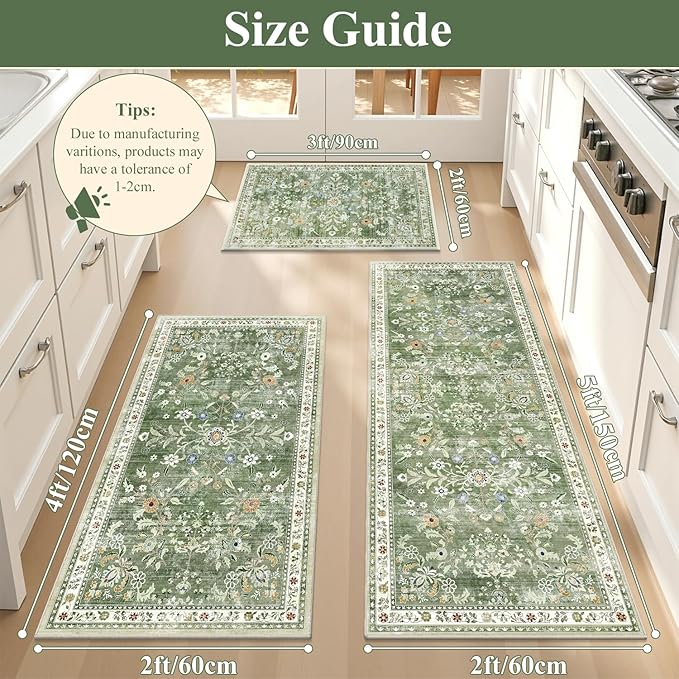 Yamaziot Washable Kitchen Rug Set of 3 – Non Slip Boho Floral Hallway Runner Rug - Image 3