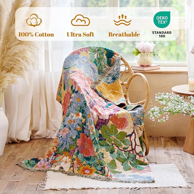 MSGKV Boho Throw Blanket for Couch 50"x60" Cotton Floral Blankets for Sofa - Image 2