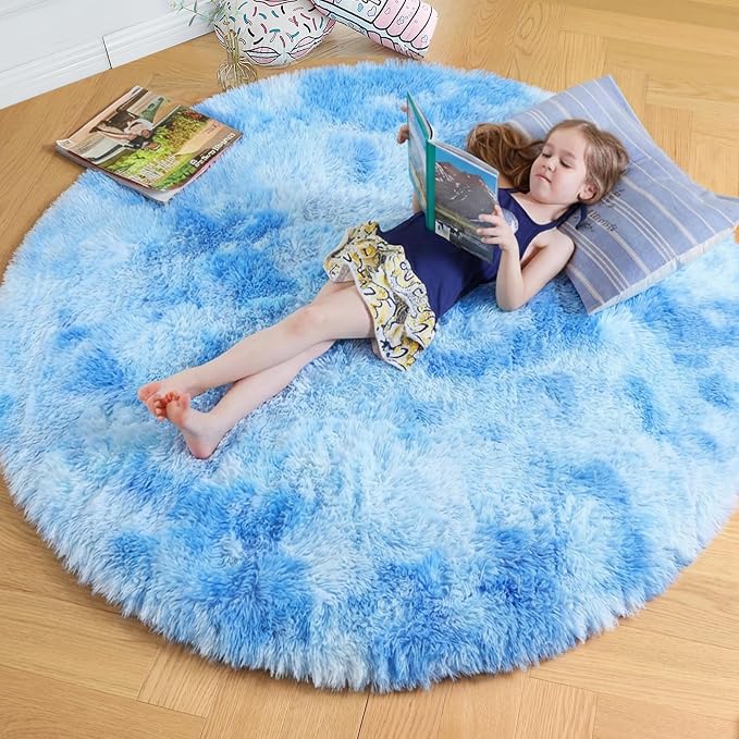 Amdrebio Tie-Dyed Light Blue Round Circle Rug 5Ft by Amdrebio