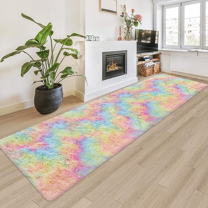 Fluffy Rainbow Rug for Girls Bedroom 2x8 Feet Kawaii Tie Dye Area Rug Colorful by JiaoBaba