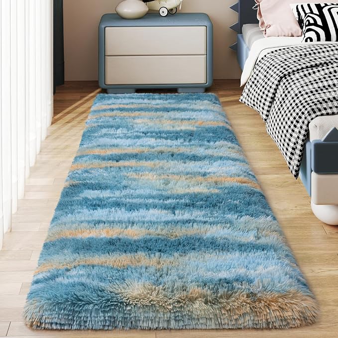 Soft Runner Rugs for Bedroom Hallways, 2x5 Abstract Blue Fluffy Shag Throw Area by Ailyei