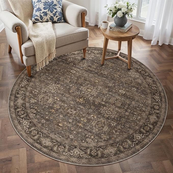 3x3 Washable Round Rug for Entryway Vintage Brown Non Slip Low Pile Carpet - Image 3
