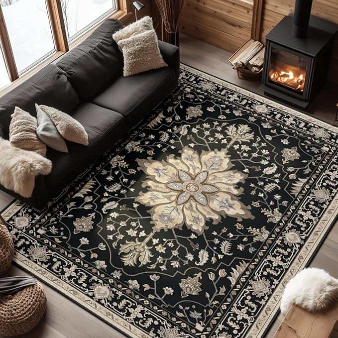 RELEANY Area Rugs 6'x8' Washable Non-Slip, Floral Vintage Distress Print by RELEANY